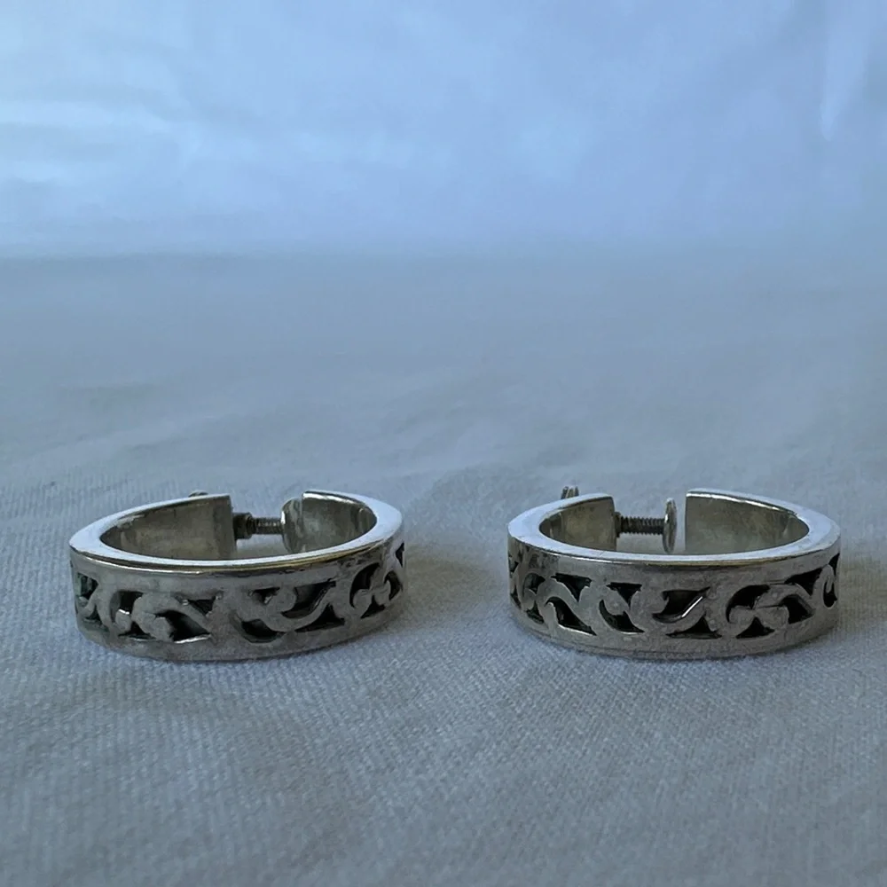 Lois Hill Sterling Silver Fleur De Lis Hoop Screw Back Earrings
